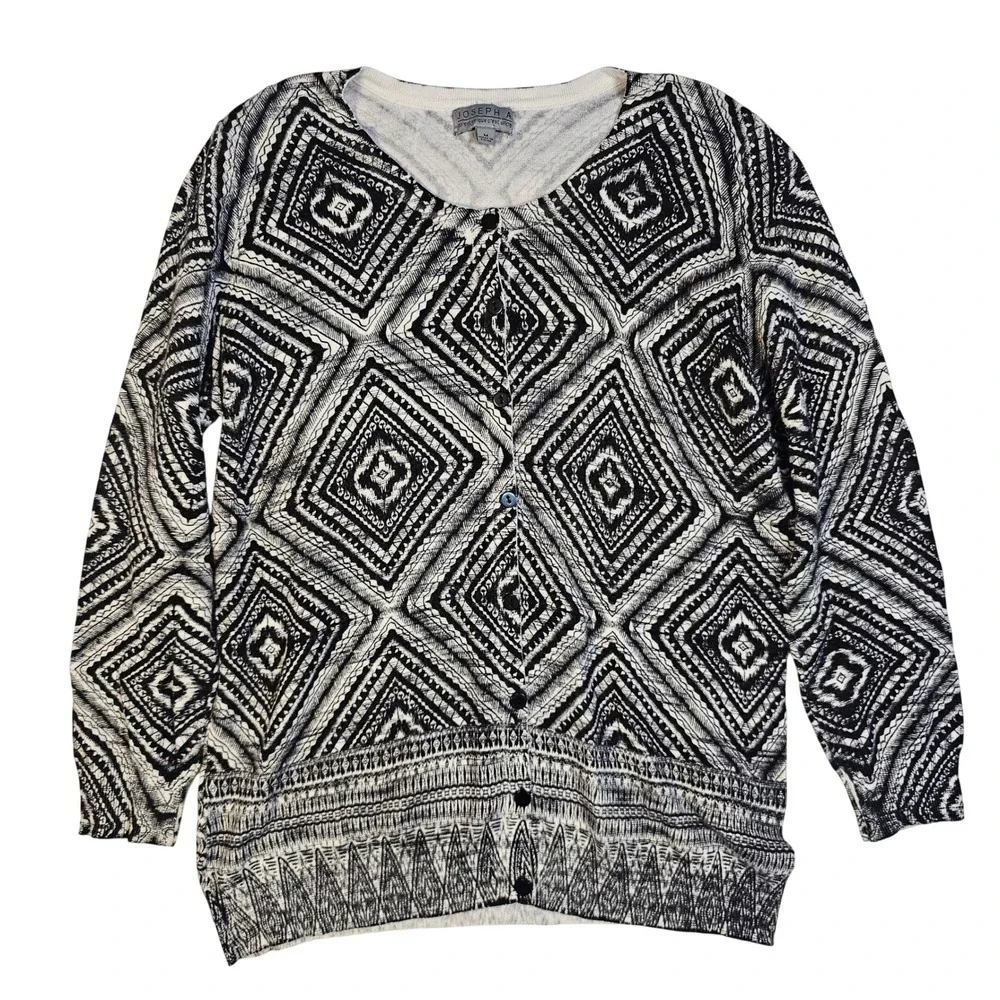 Joseph A Womens Silk Blend Geometric Diamond Ikat Cardigan Black White Medium